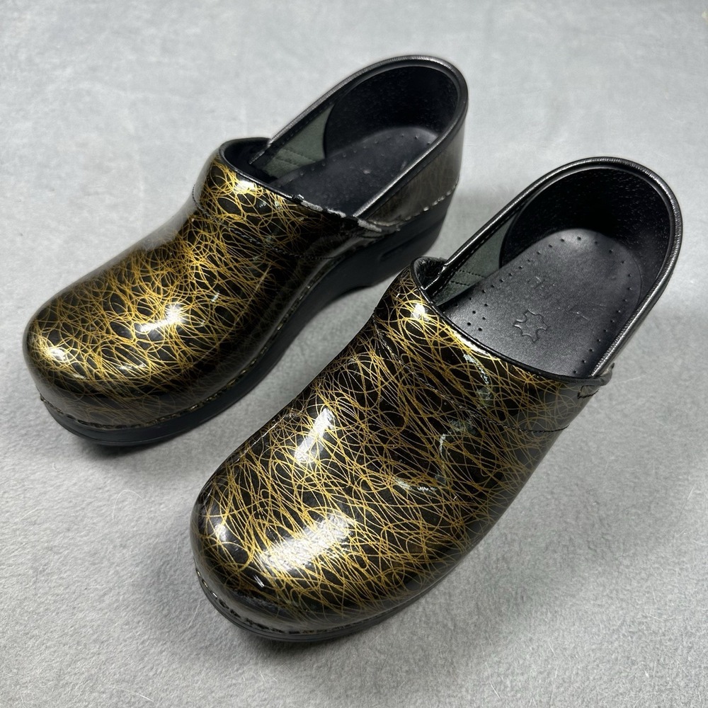 Dansko Professional Patent Leather Clogs Black Gold Scribble EU 37 US 6.5/7